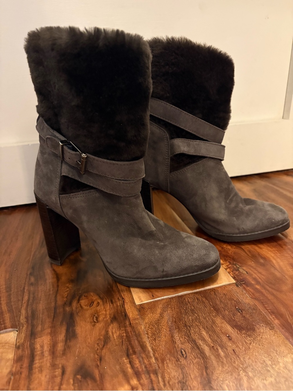 Stuart Weitzman Warm Gray Suede Fur-Cuff Block Heel Boots